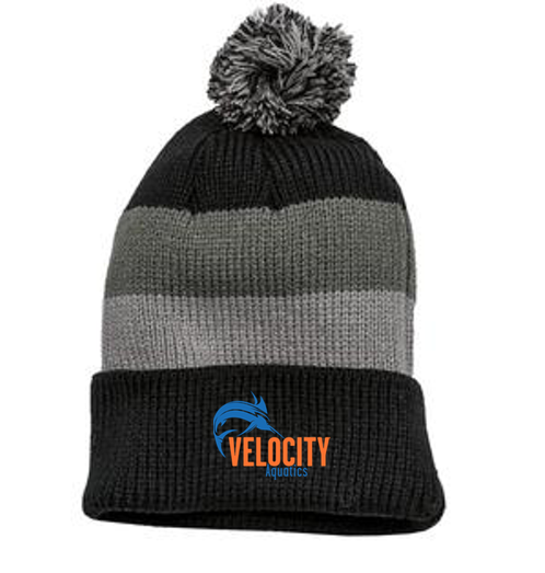 District Black/Grey Vintage Striped Beanie with Removable Pom